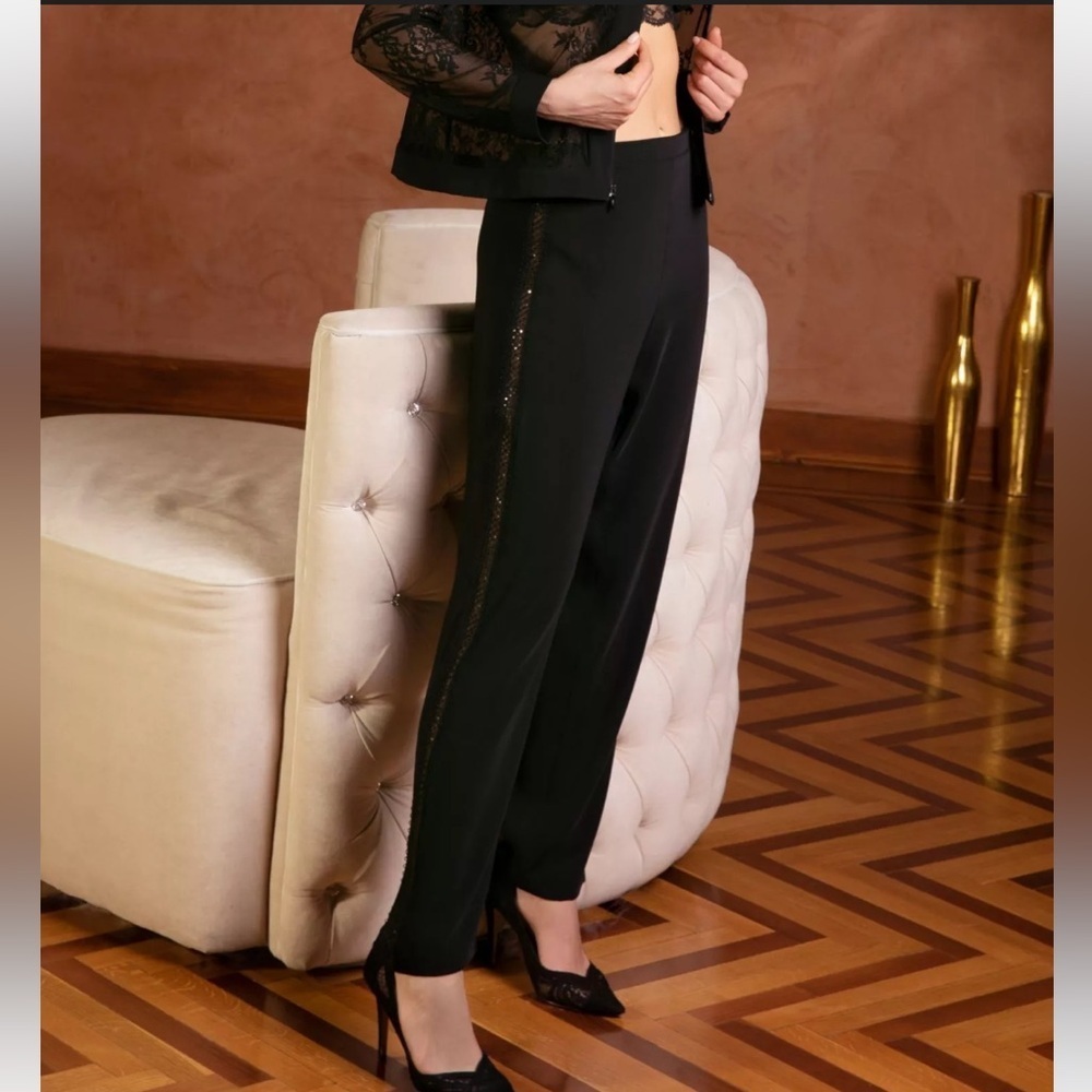 NWT Lise Charmel sz L Black Crepe Lounge Pants Embroidered Sequin Tuxedo Stripe
